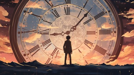 Fototapeta na wymiar Silhouette of a guy standing near a giant clock in the desert. Digital concept, illustration painting.