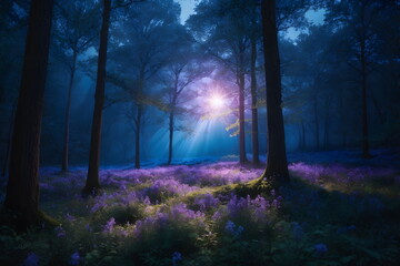Forest in Moonnlight with Purple and Blue Flowers 