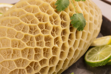 Honeycomb Tripe, Beef Second Stomach on a Rustic Plate.