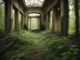 Abandoned Overgrown Building - Nature's Resilience: A Journey Through the Ruins, Covered in Lush Vegetation