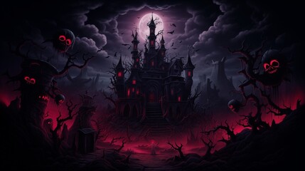 scary halloween castle with trees and skulls in the moonlight. Digital concept, illustration painting.