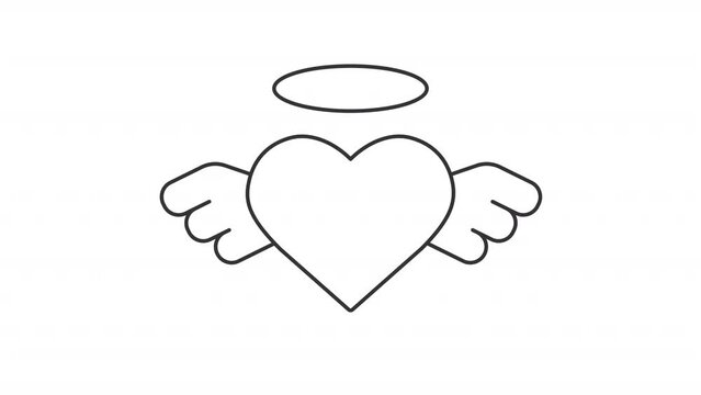 Angel heart line animation. Animated icon of flying heart with wings and halo. Saint Valentines day. Black illustration on white background. HD video with alpha channel. Motion graphic