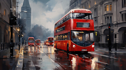 red double decker bus driving down the street in a rain storm. Digital concept, illustration painting. - obrazy, fototapety, plakaty