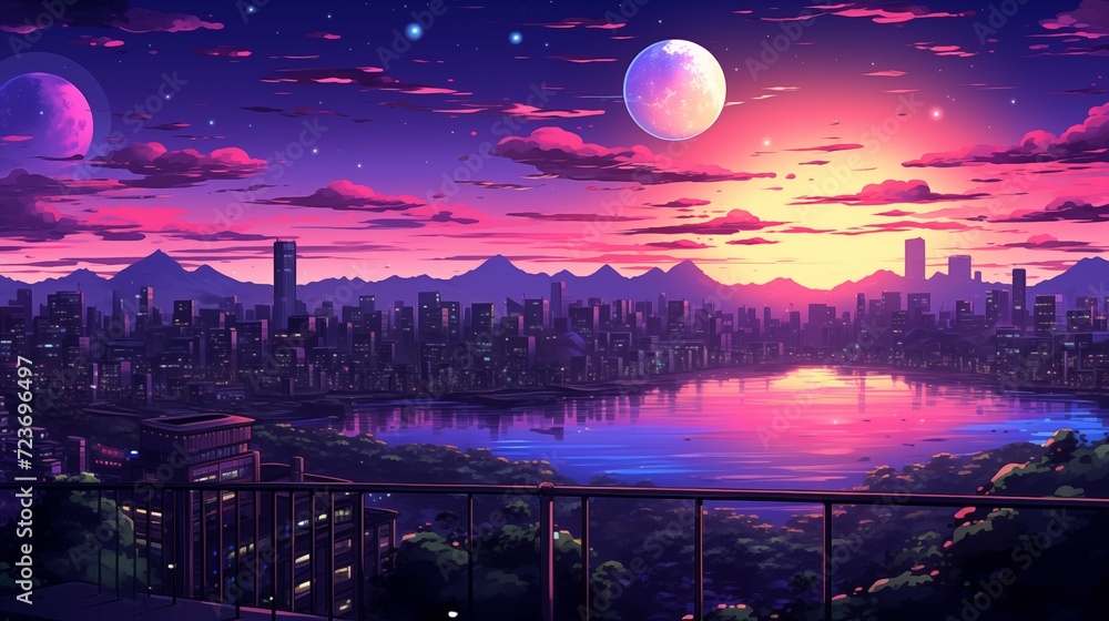 Wall mural picturesque view from the roof of the lake in the night city. digital concept, illustration painting