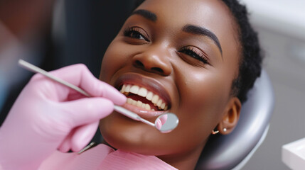 wide angle photo of a Black woman during teeth check-up at dental clinic