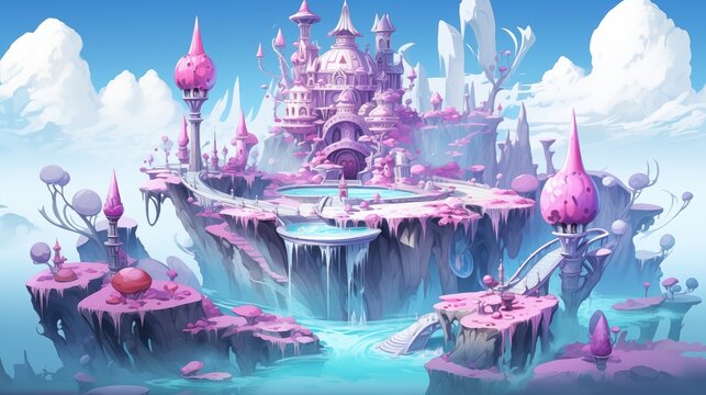 pink castle on top of a hill with waterfall behind of it. Digital concept, illustration painting.