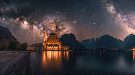 Obraz premium A magnificent mosque on the shore of a lake with a backdrop of mountains under a night sky filled with Milky Way stars