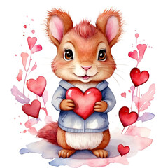 cute squirrel with a heart, watercolor png illustration with transparent background for valentines...