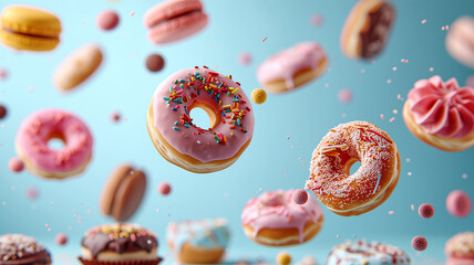 Colorful flying donuts on a pastel blue background