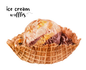 Watercolor illustration of ice cream waffles dessert close up. Design template for packaging, menu, postcards.