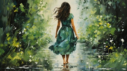 oil painting of lady walking in a pond. Digital concept, illustration painting. - obrazy, fototapety, plakaty