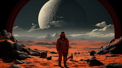 Poster man walking beside Mars in a red scene. Digital concept, illustration painting. © X-Poser