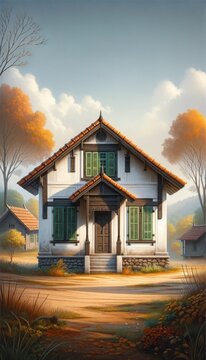  a detailed image of a traditional village house with a vertical aspect ratio, perfect for a smartphone wallpaper. The house has white plaster w