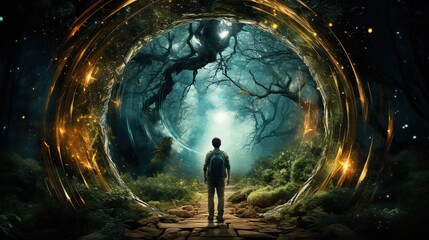 man is walking through a portal through a forest. Digital concept, illustration painting. - obrazy, fototapety, plakaty