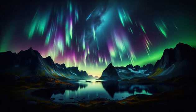 a wide image of a spectacular northern lights display over a serene mountain landscape at night. The sky is filled with vibrant streaks of gree