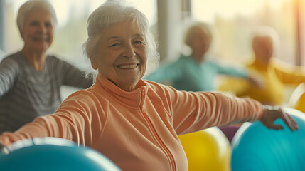 Fototapeta na wymiar Group of elderly women smiling happy people in a tracksuit working out fitness in the gym, healthy lifestyle concept