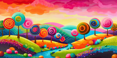 Fototapeta na wymiar Vibrant Landscape Where the Hills Are Made of Candy, Rivers Flow with Chocolate, and Lollipop Trees Dot the Horizon: A Modern, Colorful Depiction with Striking Colors