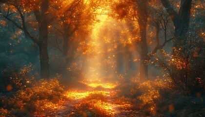Golden Path in the Forest: A Glowing Sunset in September Generative AI