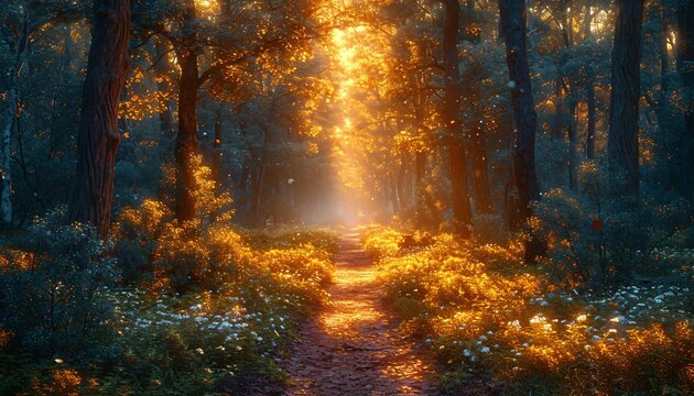 Golden Sunset Path in the Woods Generative AI