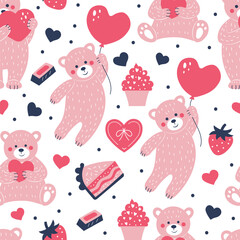 Seamless pattern of teddy bear and sweets. Background for Valentine's Day. - 723698223