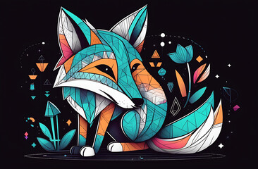 fox head graphic style, multi-colored on a black background,plant elements