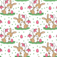 Seamless pattern with easter bunny and flowers. - 723698255