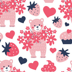 Seamless pattern of teddy bear and sweets. Background for Valentine's Day. - 723698275
