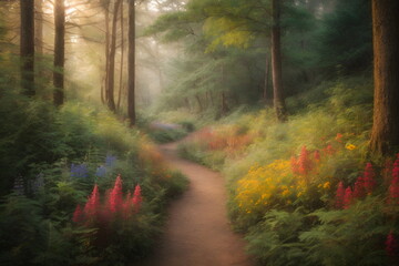 Fototapeta premium Winding Forest Path with colorful wild flowers, lush foliage 