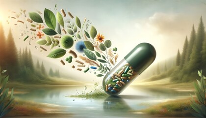 A variety of probiotics, food supplements, and health vitamins made from natural ingredients, displayed to promote gut health and overall wellness, possibly including capsules, tablets, and powders.