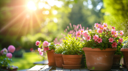Fototapeta premium Gardening background with flowerpots in sunny spring or summer garden