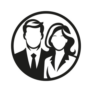 A black silhouette of stylized man and woman depicted from the shoulders up, resembling a professional or formal appearance. Business Duo Silhouette. Professional Pair. Family.  Vector Illustration.