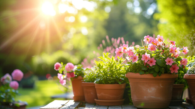 Gardening background with flowerpots in sunny spring or summer garden