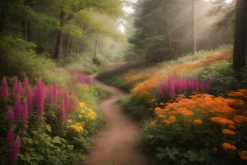 Fototapeta premium Winding Forest Path with colorful wild flowers, lush foliage 