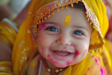 Smiling Little Girl in Yellow traditional Dress and Headdress from India.
