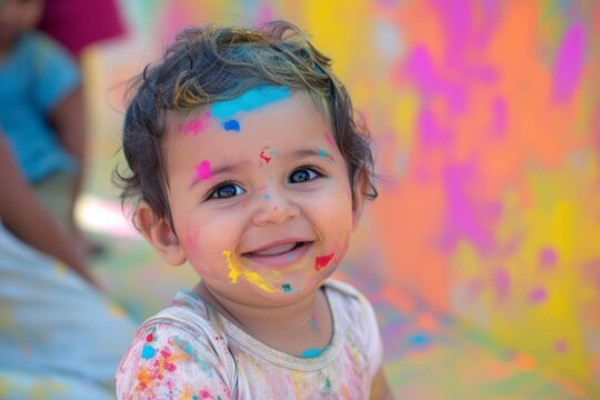 Cute kid smiling at a holi festival. Colorful Powder on his face. 