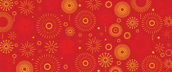 Festival chinese backdrop vector. Happy chinese new year wallpaper design with golden fireworks on red background. Modern luxury oriental illustration for cover, banner, website, decor, advert. - obrazy, fototapety, plakaty