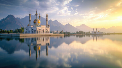 A majestic and serene mosque on the shore of a lake with a backdrop of rugged mountains under the golden light of a charming sunset