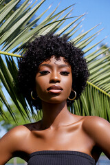 Green beauty. African woman fashion outdoor portrait. Model with curly hair and clean healthy skin...