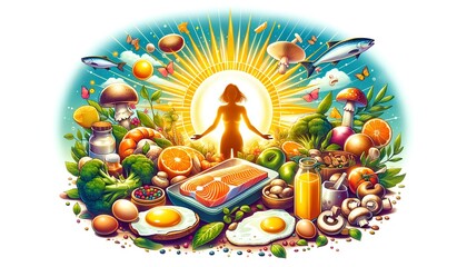 Importance of Vitamin D for the immune system, depicting sunlight as a source of health and immunity enhancement.