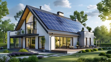 Futuristic suburban smart home with solar panels rooftop system for renewable energy concepts with copyspace area. Photovoltaic system.