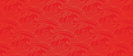 Happy Chinese new year backdrop vector. Wallpaper design with chinese sea wave on red background. Modern luxury oriental illustration for cover, banner, website, decor, border, frame.