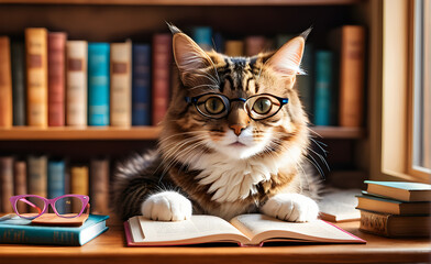 A cute cat reading a book. Generative AI