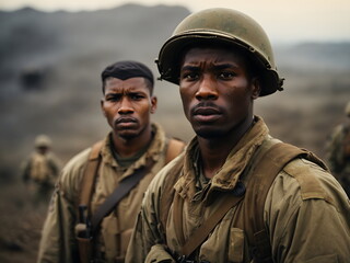 Fototapeta premium Strength in Uniform: Handsome Black Military Man Outdoors