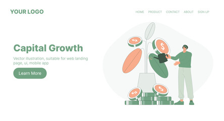 Capital Growth. Web Landing Page Design. Flat Cartoon Vector Illustration. Vector illustration, suitable for web landing page, ui, mobile app
