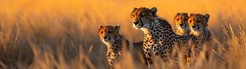 Cheetah standing in the savanna with setting sun shining. Group of wild animals in nature....