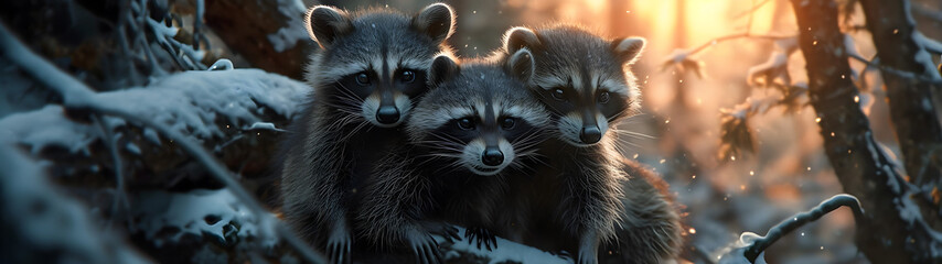 Racoon family in the forest with setting sun shining. Group of wild animals in nature. Horizontal,...