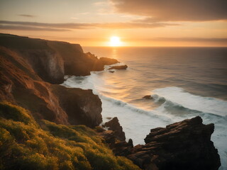 Fototapeta na wymiar Sunset over the sea - coastline with rocks and ocean waves