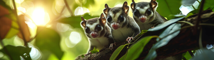 Sugar gliders in the forest with setting sun shining. Group of wild animals in nature. Horizontal, banner.