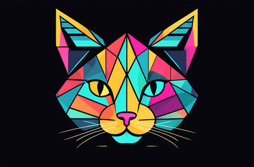 geometric multi-colored cat head on a black background. looks into the frame