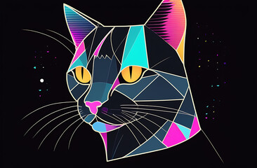 geometric multi-colored cat head on a black background.